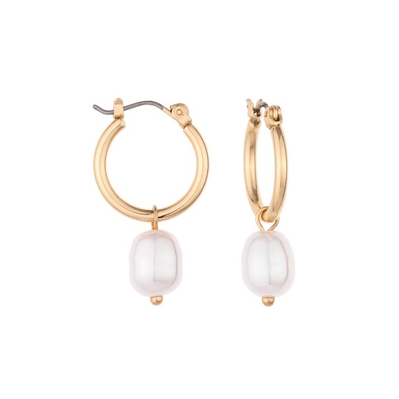 NWT Charged Pearl Huggie Hoop Earrings In Gold Tone - Picture 1 of 6